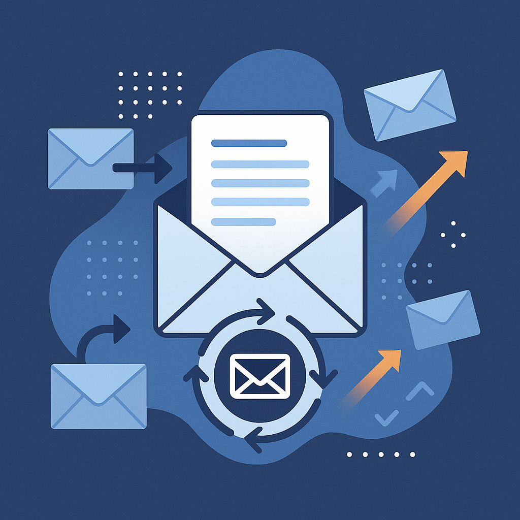 Illustration of digital marketing automation with envelopes and emails representing local SEO and community-focused outreach